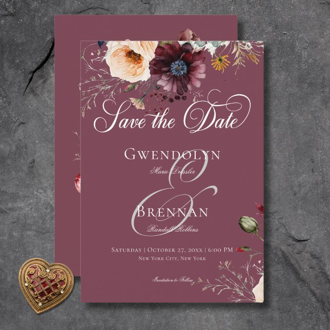 Save The Date Dark Moody Bourgogne Oval Mariage de cadre floral  (Dark Moody Burgundy Oval Floral Frame Wedding Save the Date Card)