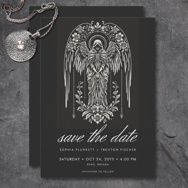 Save The Date Dark Moody Mariage d'ange fermé (Dark Moody Cloaked Angel Wedding Save The Date)