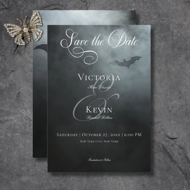 Save The Date Dark Moody Mariage de chauve-souris et de brouilla (Dark Moody Midnight Bat & Fog Wedding Save The Date)