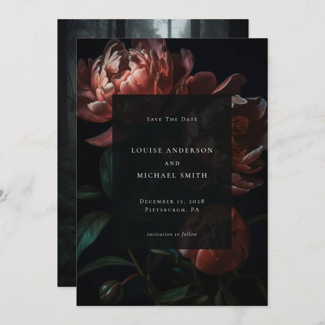 Save The Date Dark Romantic Black Peony Floral Mariage Photo (Devant / Derrière)