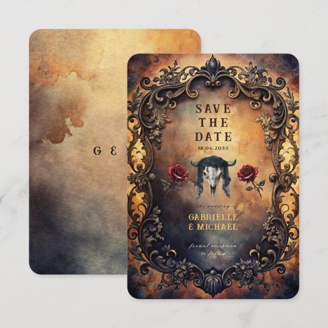 Save The Date Dark Western Gothic Bull Skull & Velvet Roses (Devant / Derrière)
