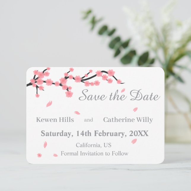 Save The Date Date à retenir Fleur de cerisier florale rose (Debout devant)
