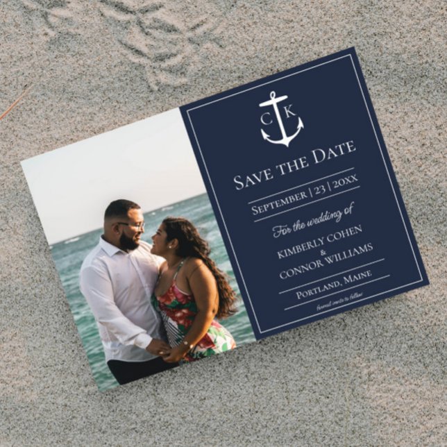 Save The Date Date de mariage à conserver - Monogramme nautique  (Navy Nautical Monogram Photo Save the Date)