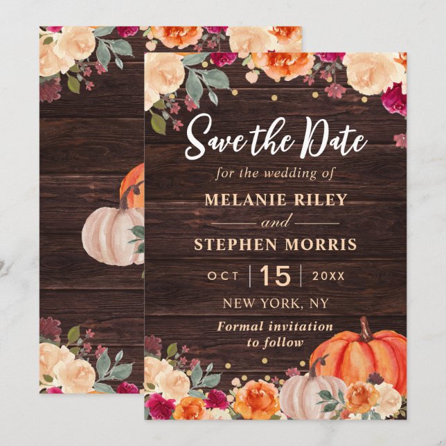 Save The Date Date de mariage à sauver automne rustique citrouil (Devant / Derrière)