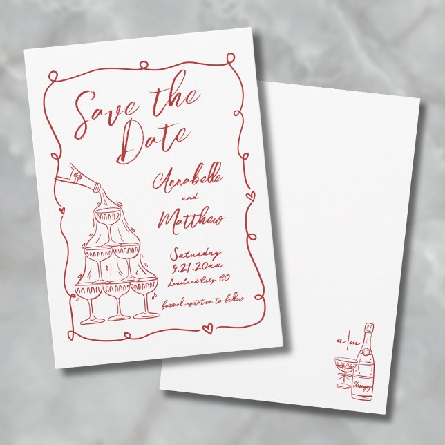 Save The Date Date de mariage rouge dessinée à la main de façon  (Whimsical Hand Drawn Red Wedding Save The Date)