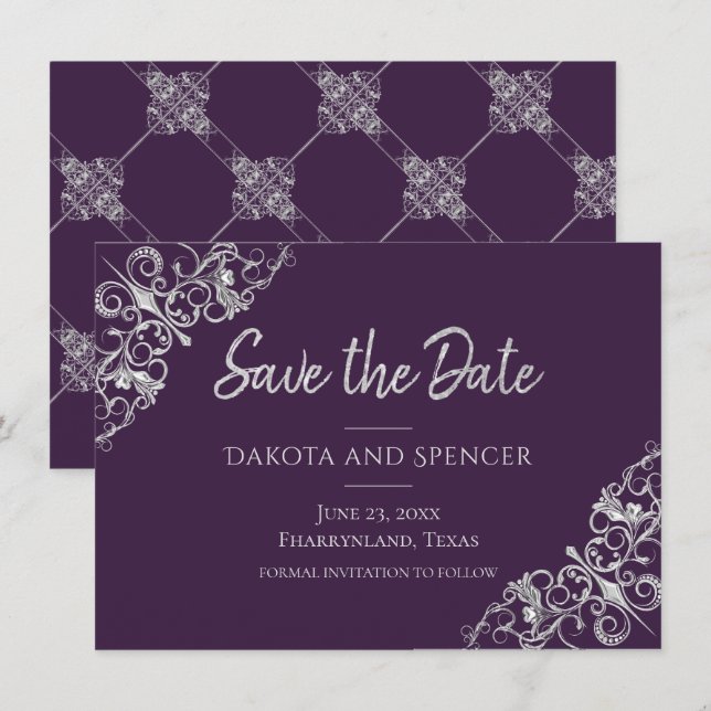 Save The Date Décadence Art Déco | Filigree violet et argenté (Devant / Derrière)