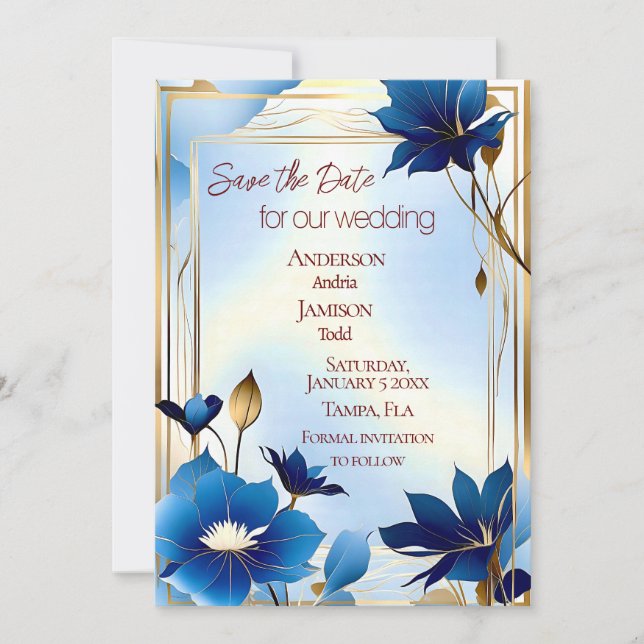 Save The Date Déco bleu fleurs mariage enregistrer la date (Devant)