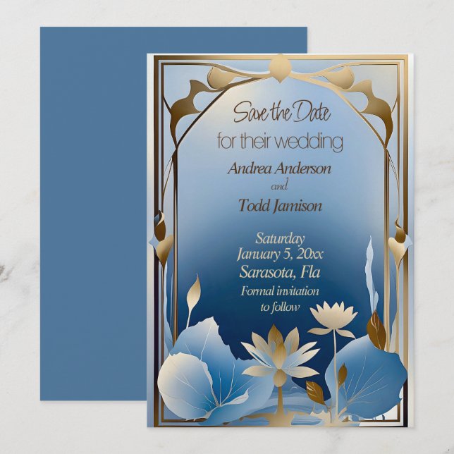 Save The Date Deco minimalism blue gold lotus flower (Devant / Derrière)