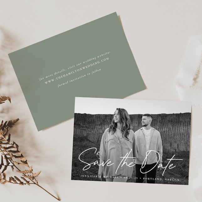 Save The Date Décontracté Script Sage Green Photo (Créateur téléchargé)