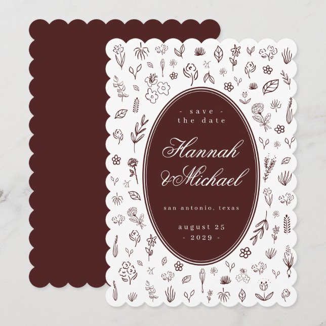 Save The Date Deep Burgundy Hand Drawn Flowers Spring Wedding (Devant / Derrière)