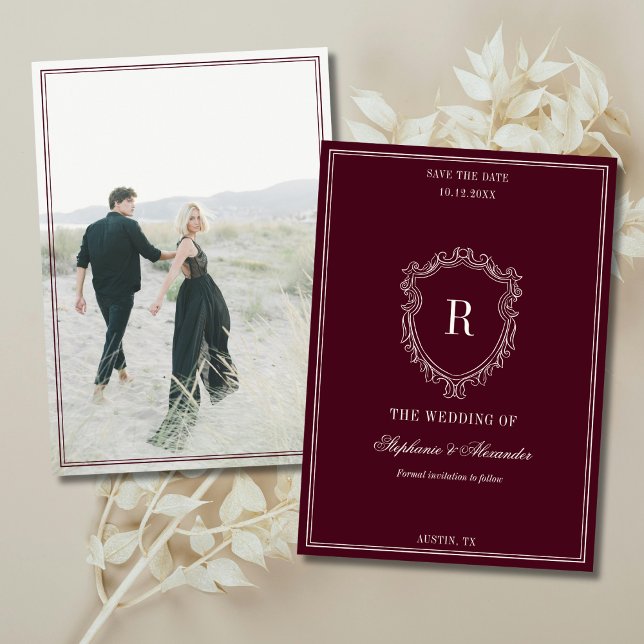 Save The Date Deep Burgundy Ivory Crest Old Money Photo Wedding (Créateur téléchargé)