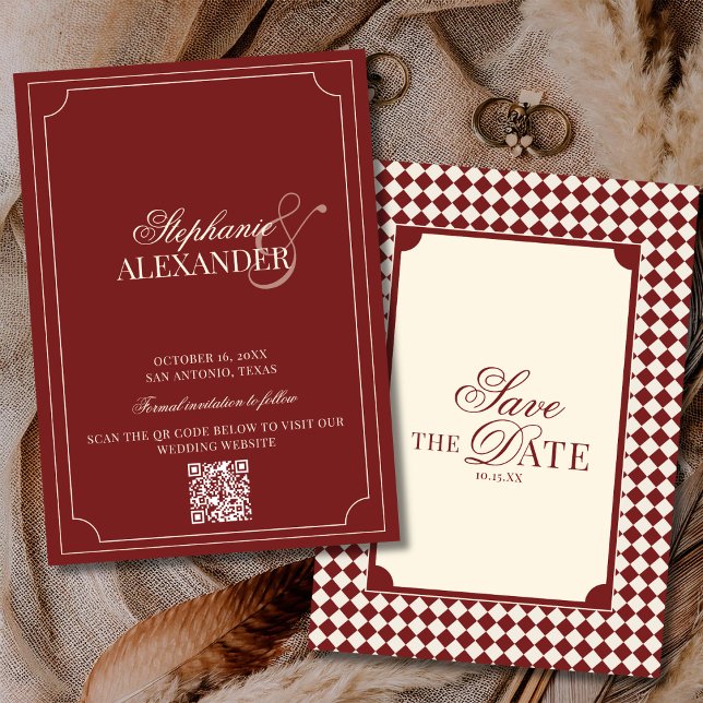 Save The Date Deep Red Checkered Old Money QR Code Wedding (Créateur téléchargé)