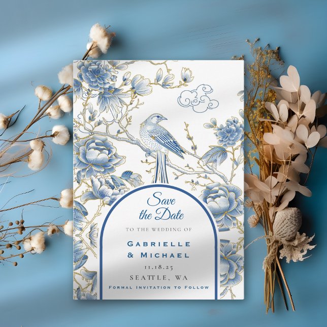 Save The Date Delft Blue White Chinoiserie Porcelain Bird (Créateur téléchargé)
