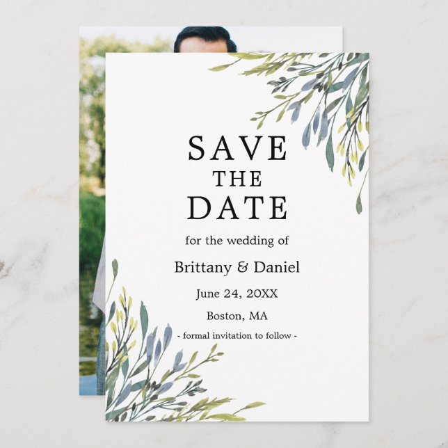 Save The Date Délicat aquarelle Botanique de la verdure Photo (Devant / Derrière)