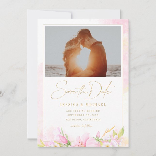 Save The Date Délicat aquarelle Floral Mariage Monogramme Photo (Devant)