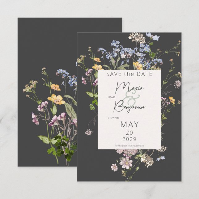 Save The Date Délicat Boho Fleur sauvage Mariage de charbon (Devant / Derrière)