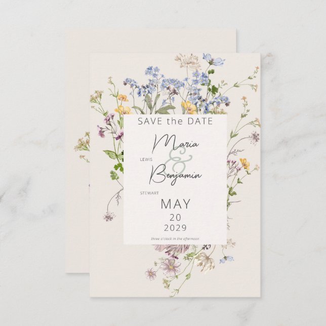 Save The Date Délicat Boho Fleurs sauvages Mariage de crème (Devant / Derrière)