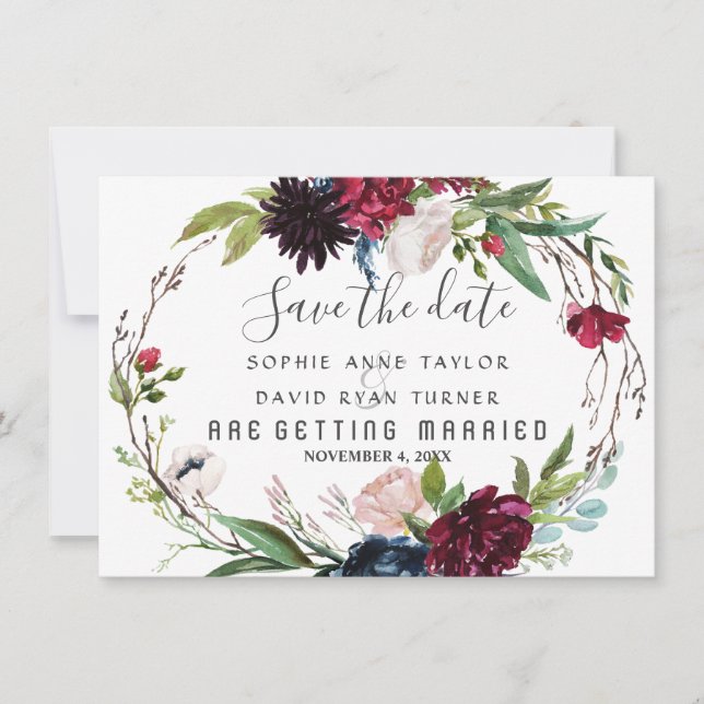 Save The Date Délicat Burgundy Blue Floral Wreath Enregistrer La (Devant)