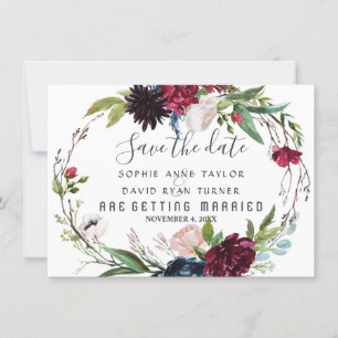 Save The Date Délicat Burgundy Blue Floral Wreath Enregistrer La