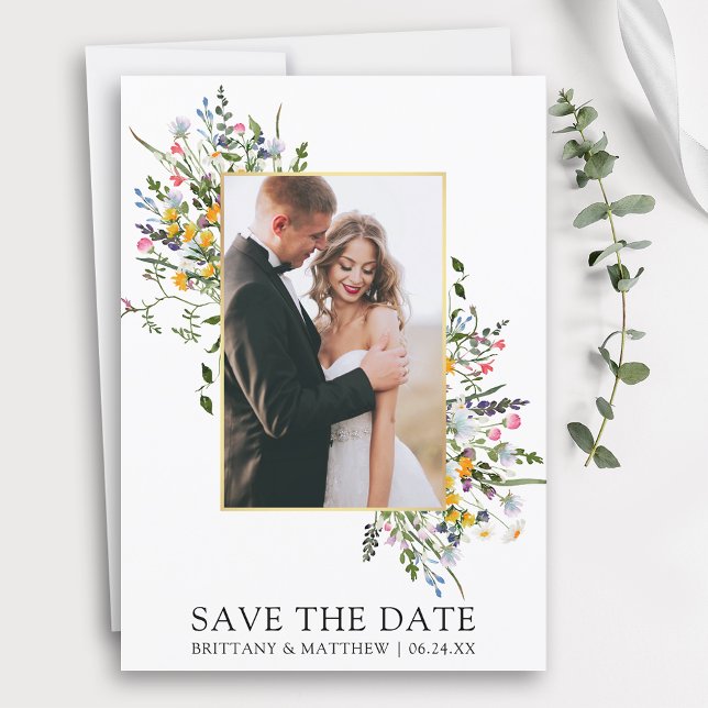 Save The Date Délicat Fleur sauvage aquarelle photo (Customize to change text size, color, style or add more text to back of card.)
