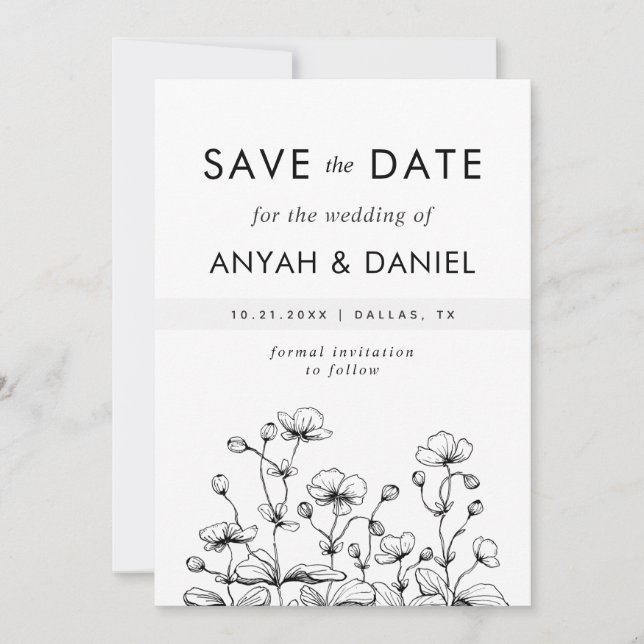 Save The Date Délicat Main Tirée Fleur Sauvage Nature Noir Blanc (Devant)