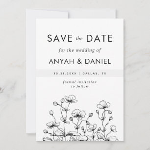 Save The Date Délicat Main Tirée Fleur Sauvage Nature Noir Blanc
