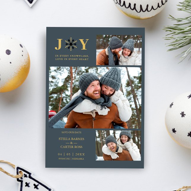 Save The Date Delicate Blue & Gold SnowFlake 3 Photos Collage (Delicate Blue & Gold Snowflake 3 Photos Holiday Card with Envelope as a Wedding Save the Date.)