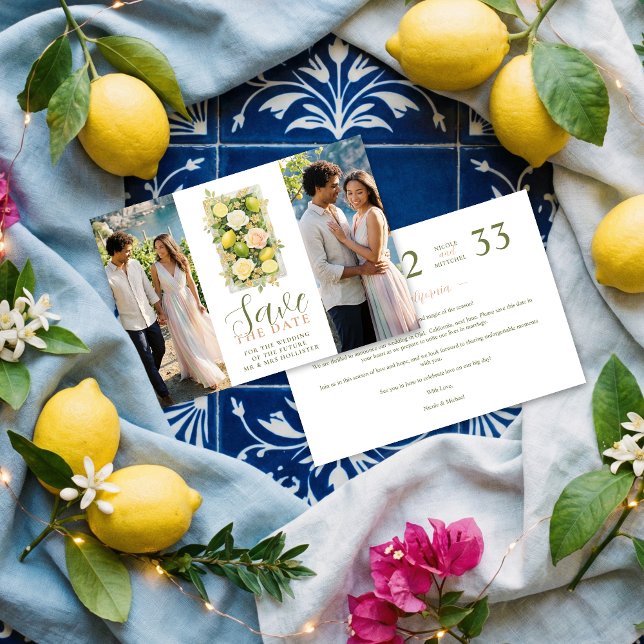 Save The Date Delicate Botanical Lemon Floral 2-Photo Wedding (Delicate Botanical Floral and Lemon Arrangement Wedding Save the Date Card Design with 2-Photo.)