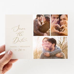 Save The Date Delicate Gold Cream 3 Photo Collage Enregistrer La
