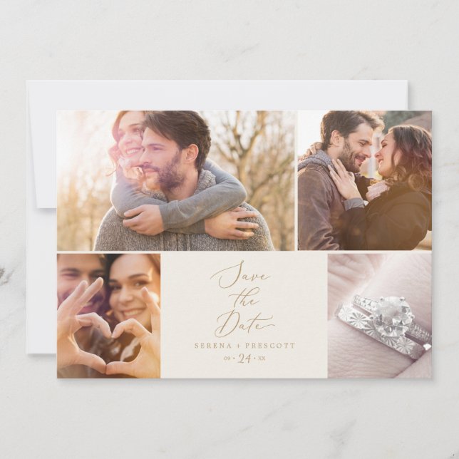 Save The Date Delicate Gold Cream 4 Photo Collage Enregistrer La (Devant)