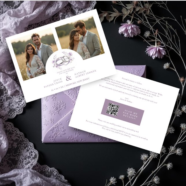 Save The Date Delicate Lilac Wedding Rings Floral Wedding (Delicate Lilac Wedding Rings Watercolor Style Flowers Wedding Save the Date Cards with Two Photos.)