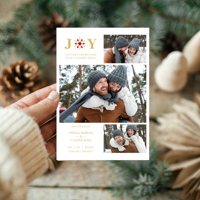 Save The Date Delicate Red & Fake Gold SnowFlake 3 Photos (Delicate Red & Fake Gold SnowFlake 3 Photos Collage Holiday Card with Envelope.)