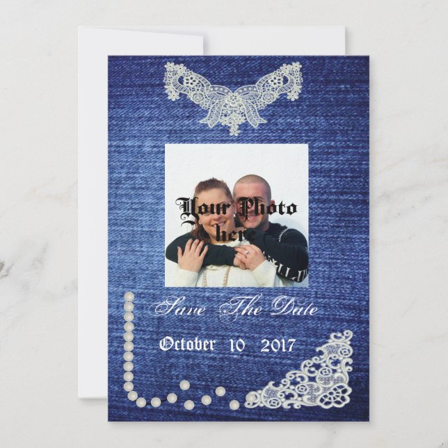 Save The Date Denim, Perles & Dentelle Enregistrer La Date (Devant)