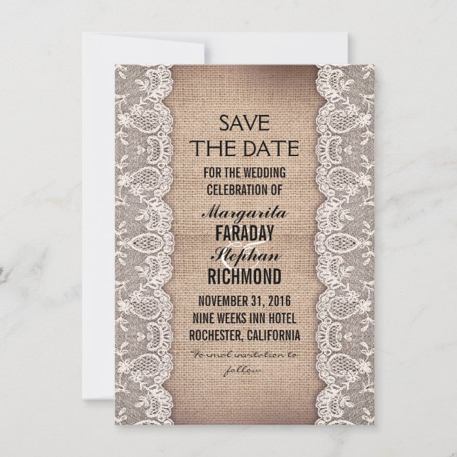 Save The Date dentelle antique et burlap rustique enregistrer le (Devant)