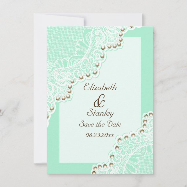 Save The Date Dentelle blanche avec perles mariage à la menthe E (Devant)