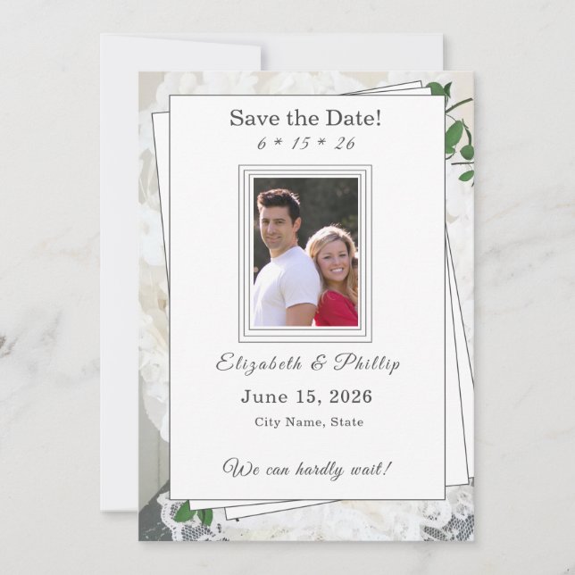 Save The Date Dentelle blanche et mariage des Feuilles Roses Enr (Devant)