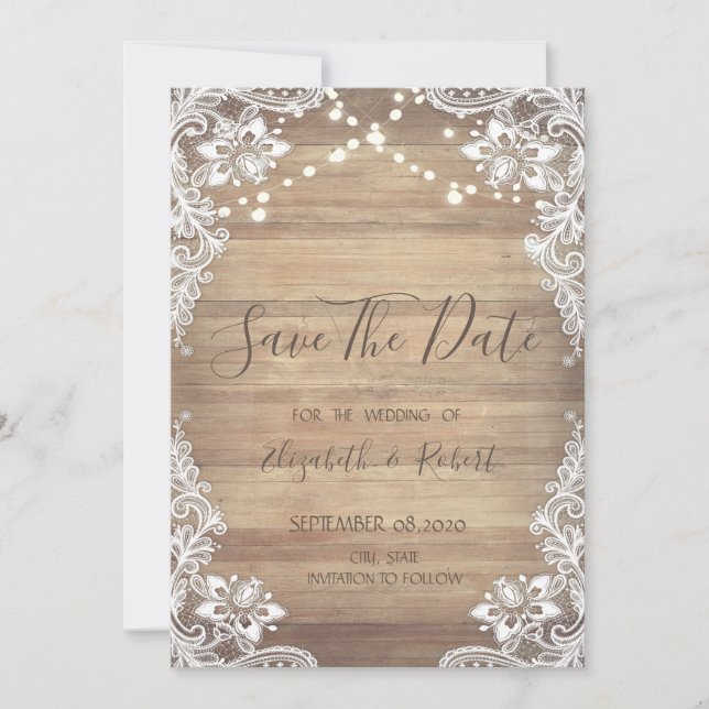 Save The Date Dentelle blanche, texture de bois, lumières Enregi (Devant)