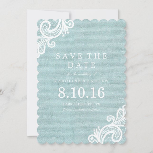 Save The Date Dentelle bleue et Burlap Enregistrer la date (Devant)