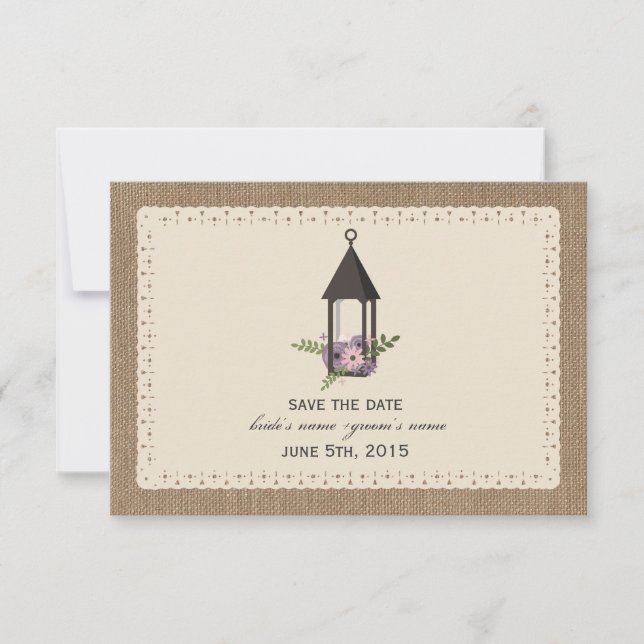 Save The Date Dentelle Burlap Inspiré Lanterne Florale Enregistr (Devant)