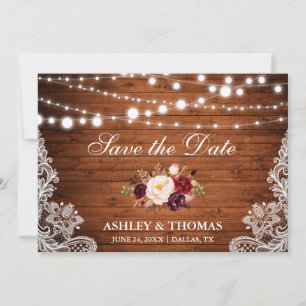 Save The Date Dentelle de bois rustique Bourgogne Floral Enregis