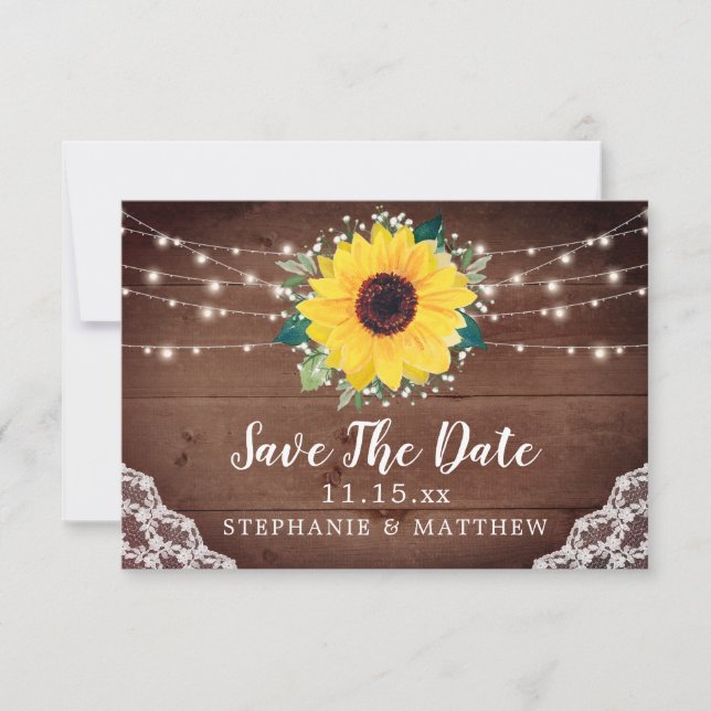 Save The Date Dentelle de tournesol rustique Babys Mariage (Devant)