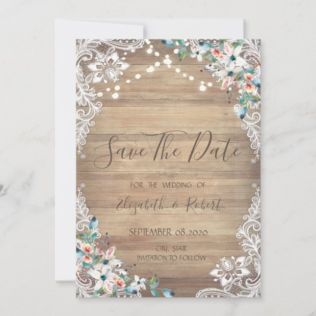 Save The Date Dentelle Fleurs Bois Texture, Lumières Enregistrer (Devant)