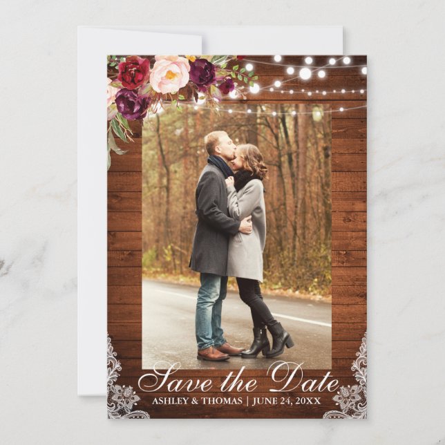 Save The Date Dentelle florale Mariage rustique Bourgogne Enregi (Devant)