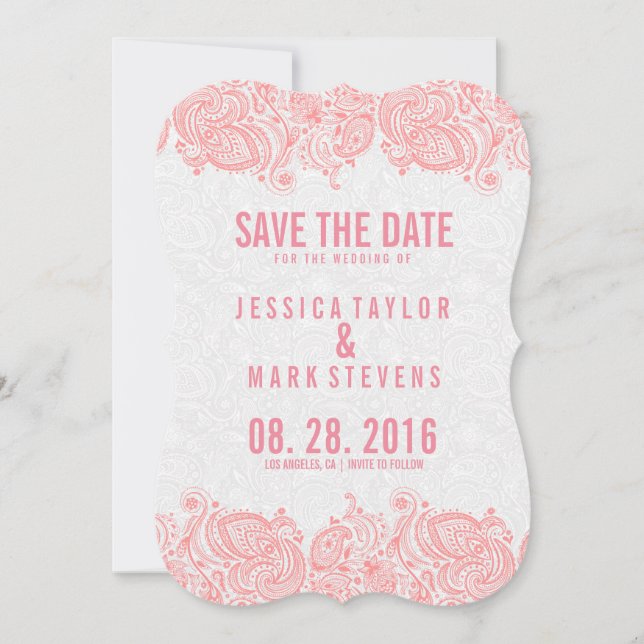 Save The Date Dentelle rose et Damas blanches Enregistrer la dat (Devant)