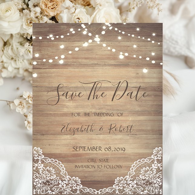 Save The Date Dentelle, Texture de Bois, Guirlandes de Lumineuse (Créateur téléchargé)