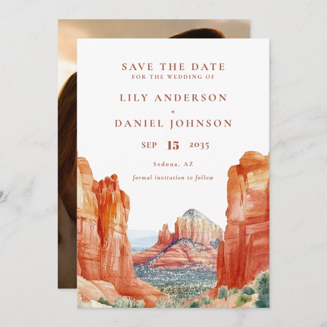 Save The Date Desert Mountain Watercolor Photo Wedding (Devant / Derrière)