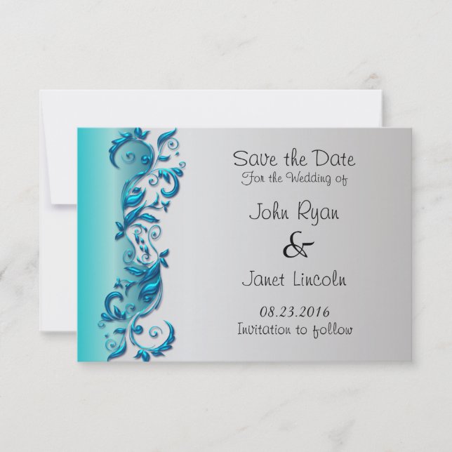 Save The Date Design Mariage élégant, turquoise et argenté (Devant)