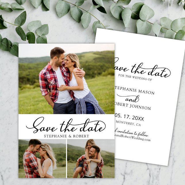 Save The Date Design moderne Script 3 Photo Collage Mariage (Créateur téléchargé)