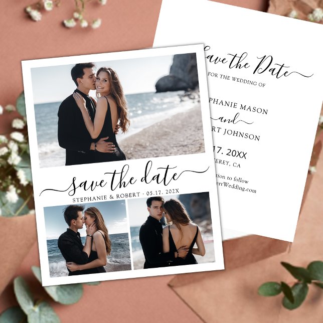 Save The Date Design moderne Script 3 Photo Collage Mariage (Créateur téléchargé)