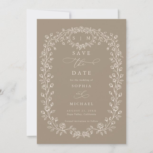 Save The Date Dessin floral taupe et beige  (Devant)